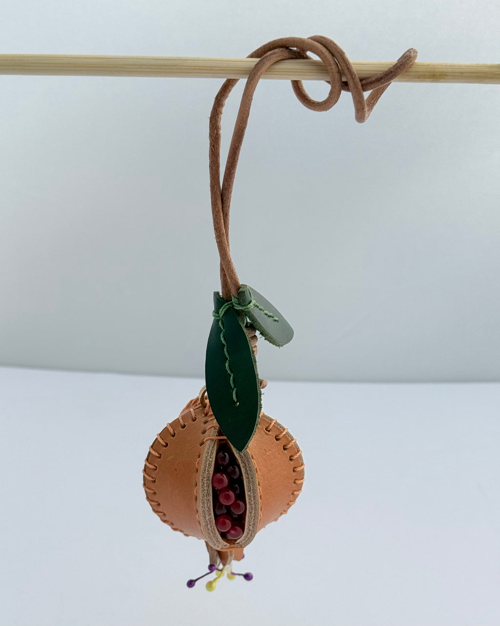 Pomegranate Genuine Leather Bag Charm, Keychain And Car Decor Mustard Yellow