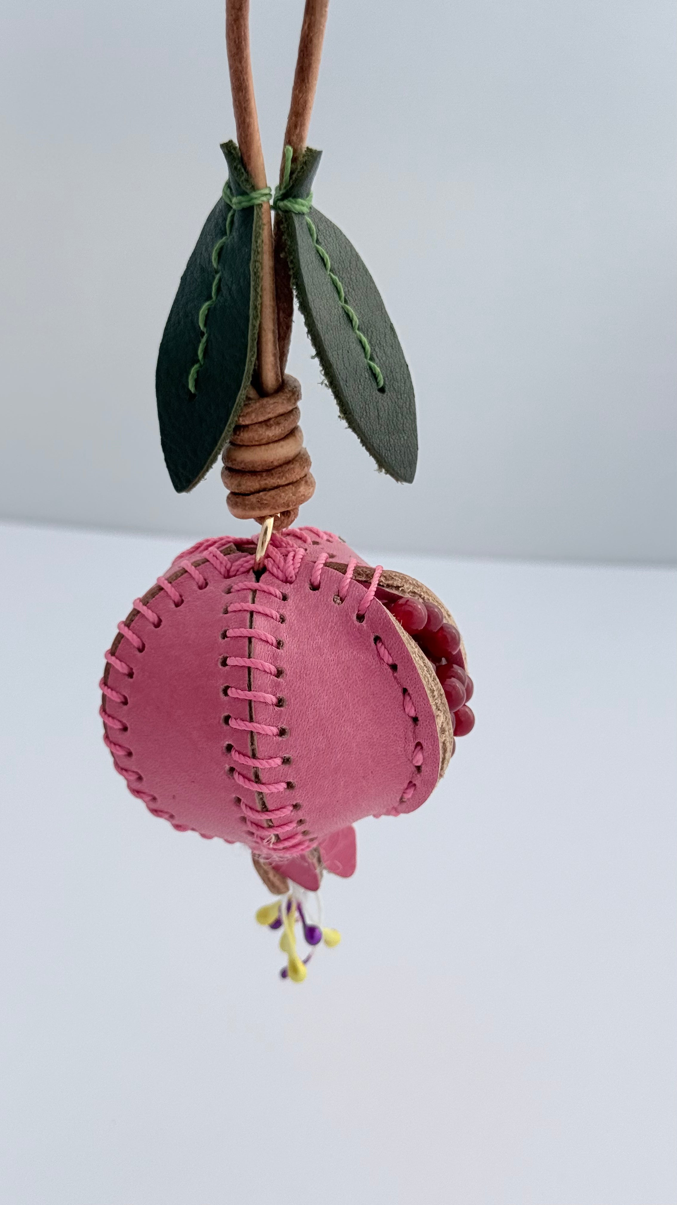 Pomegranate Genuine Leather Bag Charm, Keychain And Car Decor Pink
