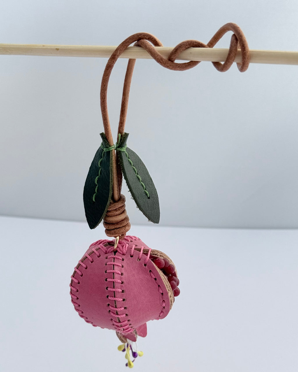 Pomegranate Genuine Leather Bag Charm, Keychain And Car Decor Pink