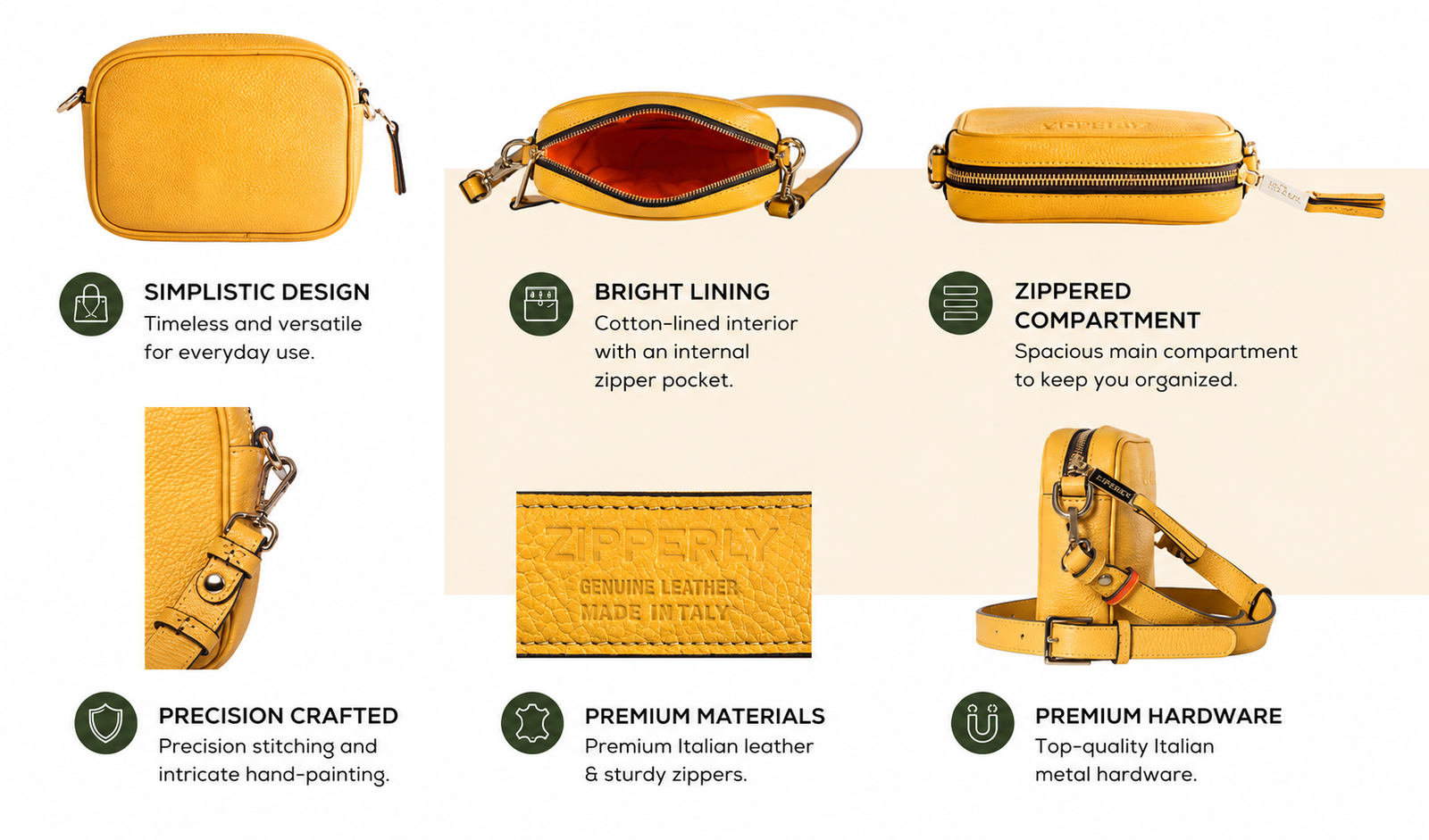 Zipperly Yellow Mini Samy Bag Dimensions Materials and Details