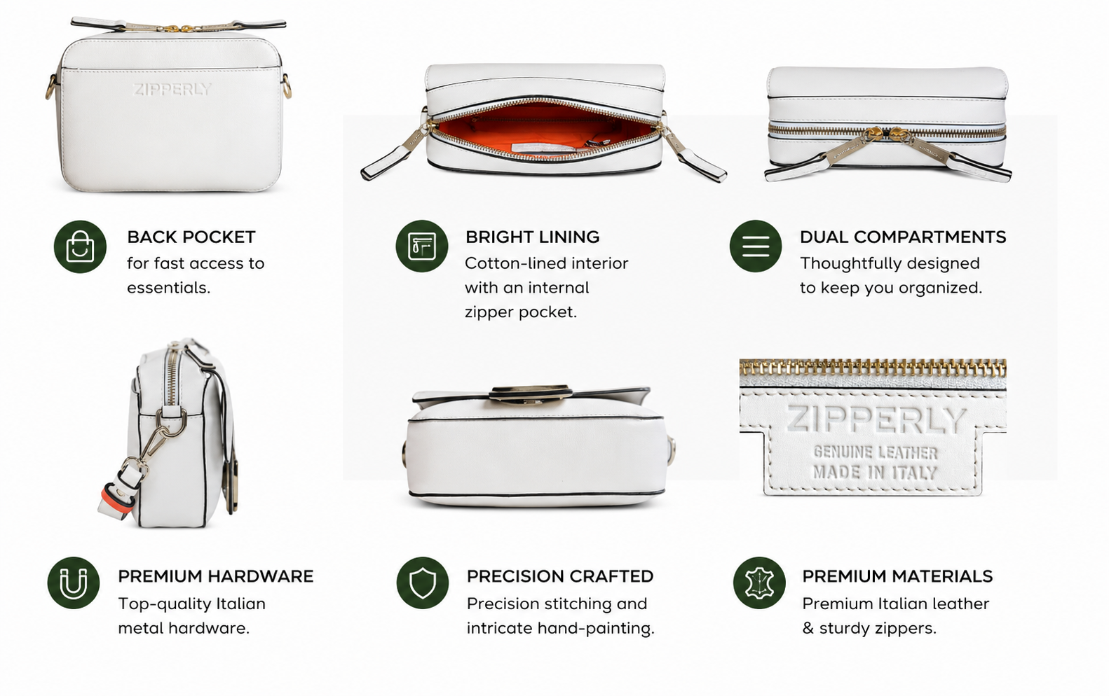 Zipperly White Crema Picco Bag Dimensions Materials and Details