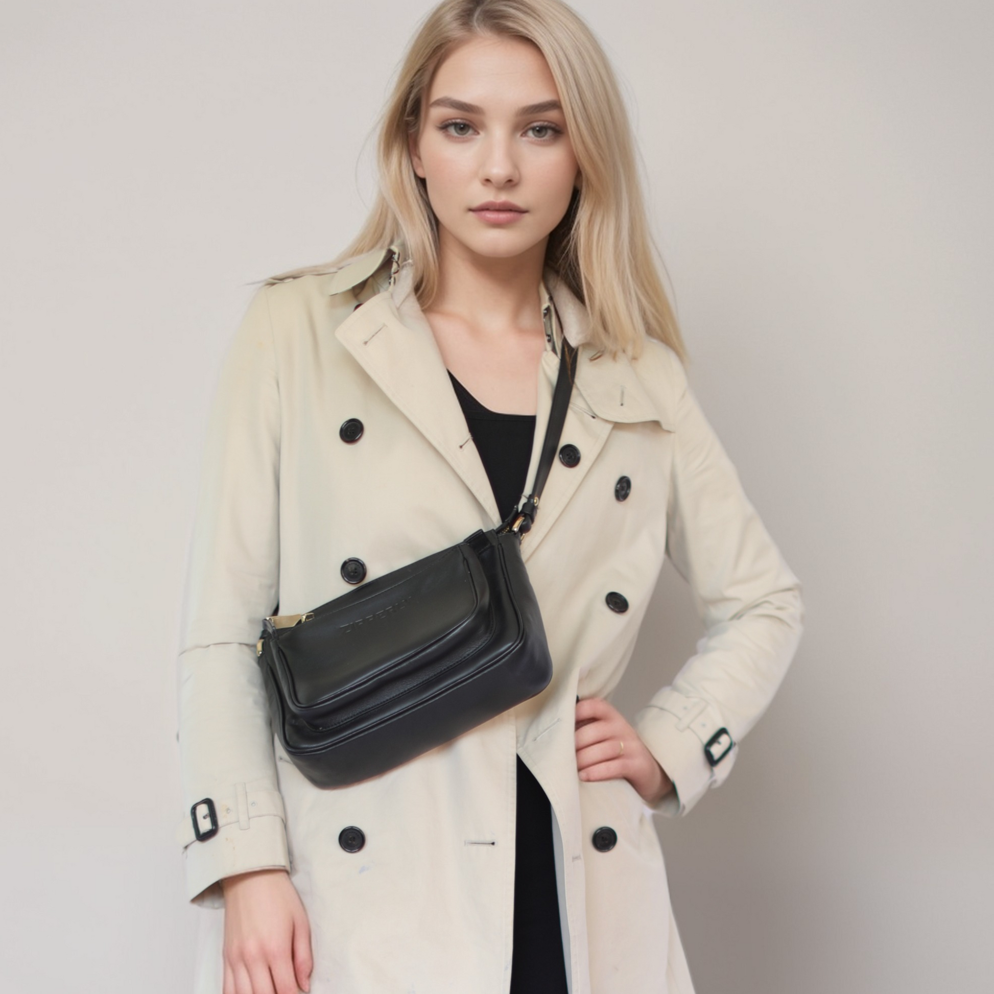 Woman wearing a beige trench coat, black bag, black dress, and white boots on a white background