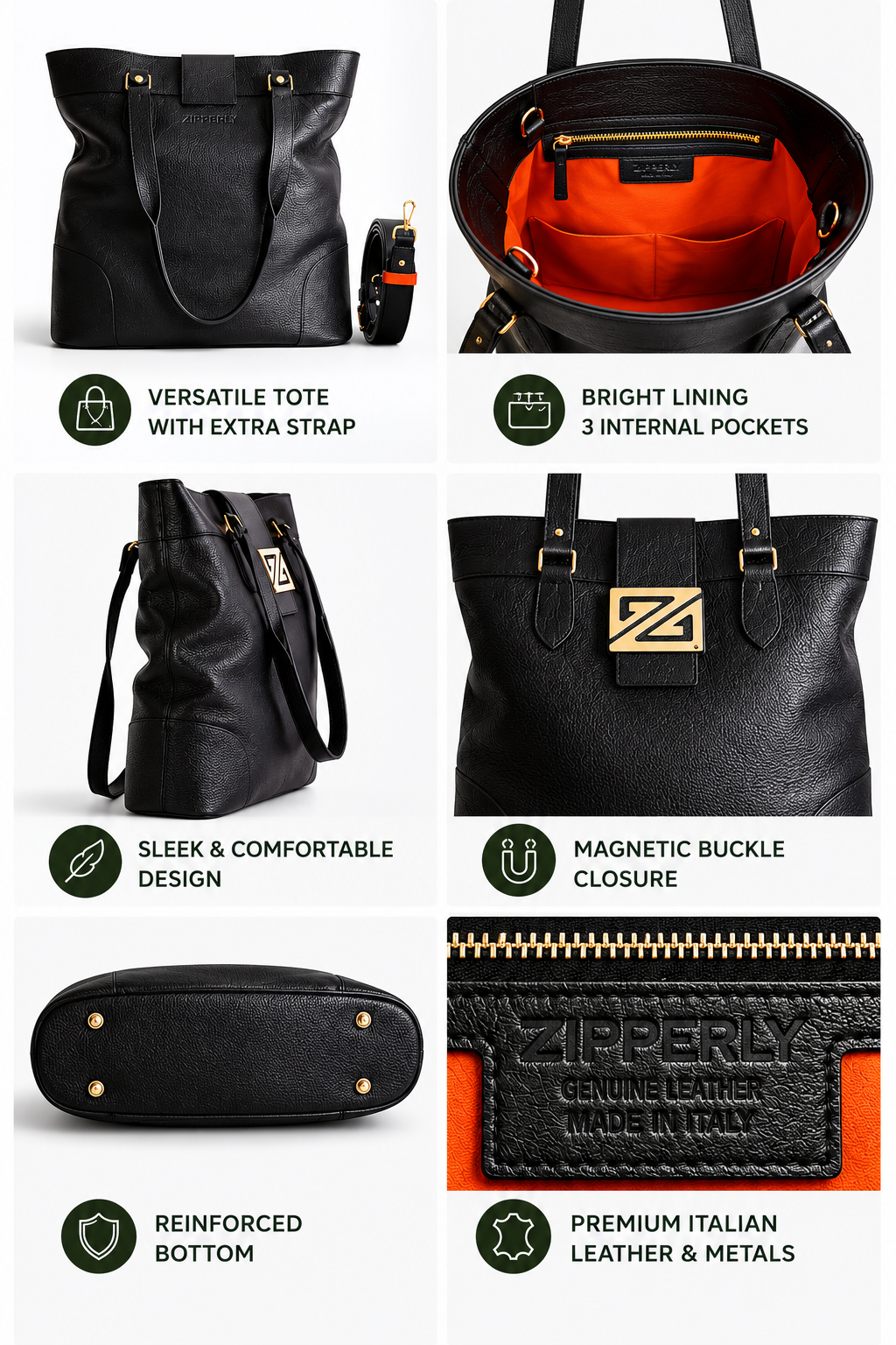 Zoey Black Tote Bag Details, Dimensions and Materials. Black leather handbag with features highlighted on a white background.