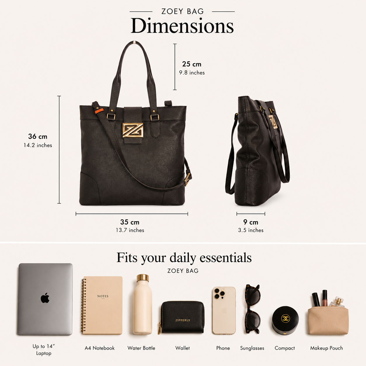 Zoey Bag - Leather Tote Bag for Work & Travel – Italian Genuine Leather - Made in Italy